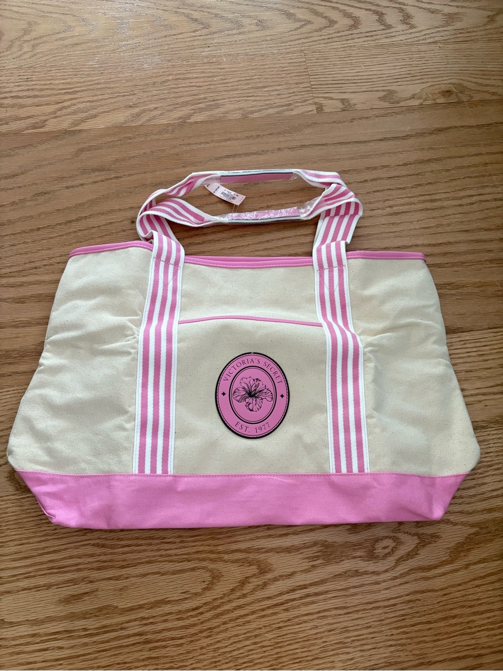 Victoria's Secret Cream and Pink Canvas Tote with Striped Handles
